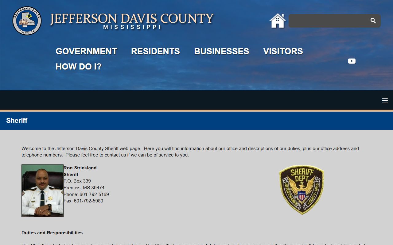 Jefferson Davis County sheriff page for inmate population and jail docket records